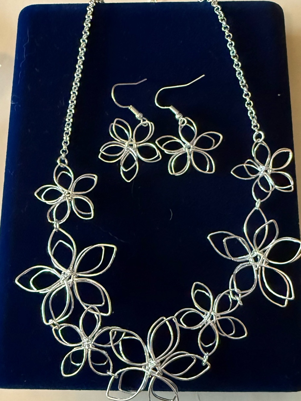 Silver Floral Statement Necklace and Earrings Set